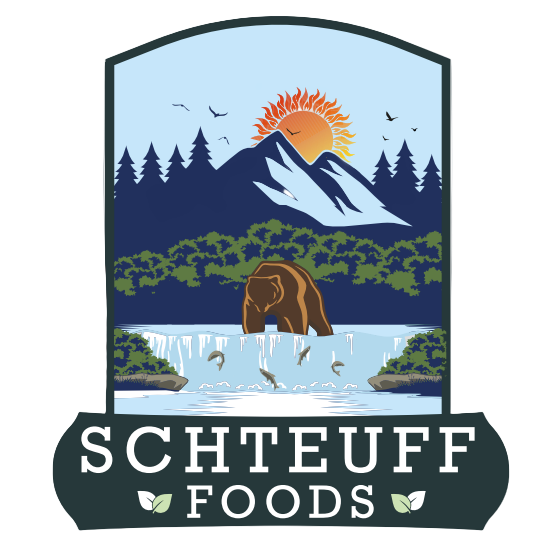 Logo of Schteuff Foods with a bear fishing scene and mountain landscape.